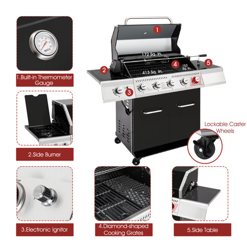 Royal Gourmet 5 Burner Free Standing 64000 BTU Gas Grill with